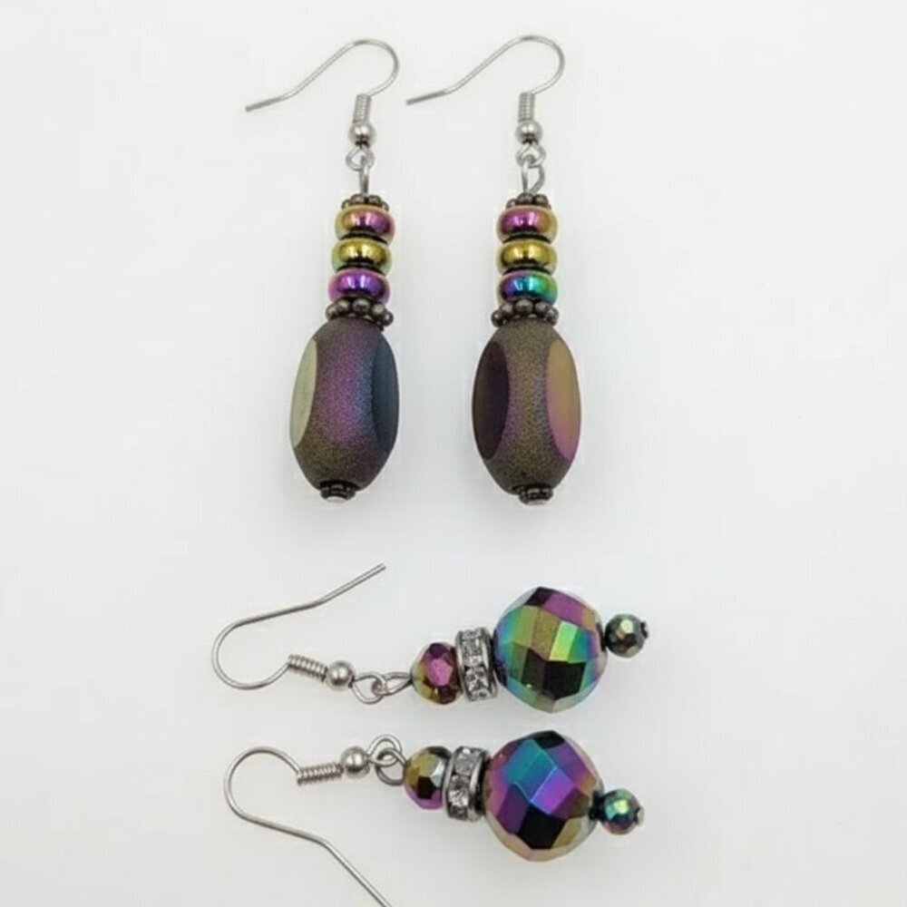 Iridescent Rainbow Crystal Bead Dangle Earring Set (2 Pairs) - Excellent Conditi